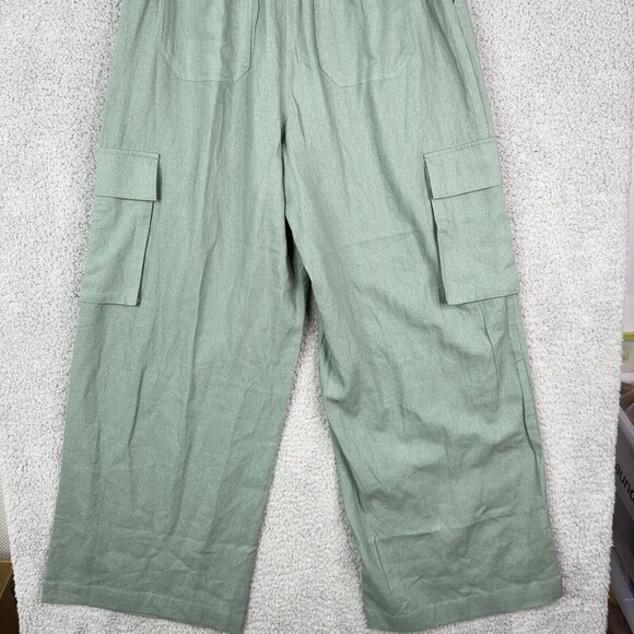 7 For All Mankind Cargo Pants Green Linen Blend Wide Leg High Rise Women’s M NWT - Picture 8 of 16